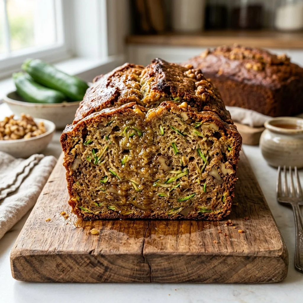 Freshly baked zucchini bread sliced on a wooden cutting board