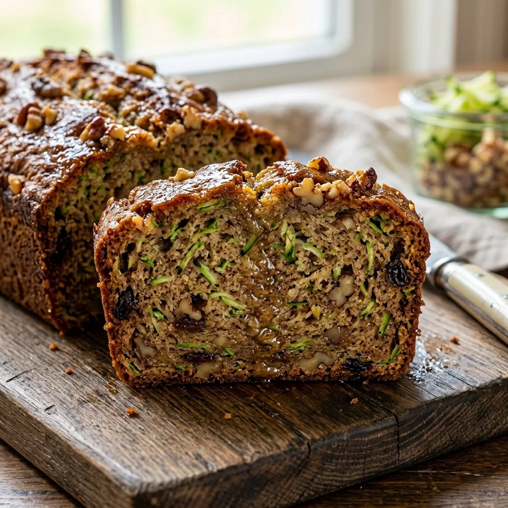 Loaf of freshly baked zucchini bread on a wooden table