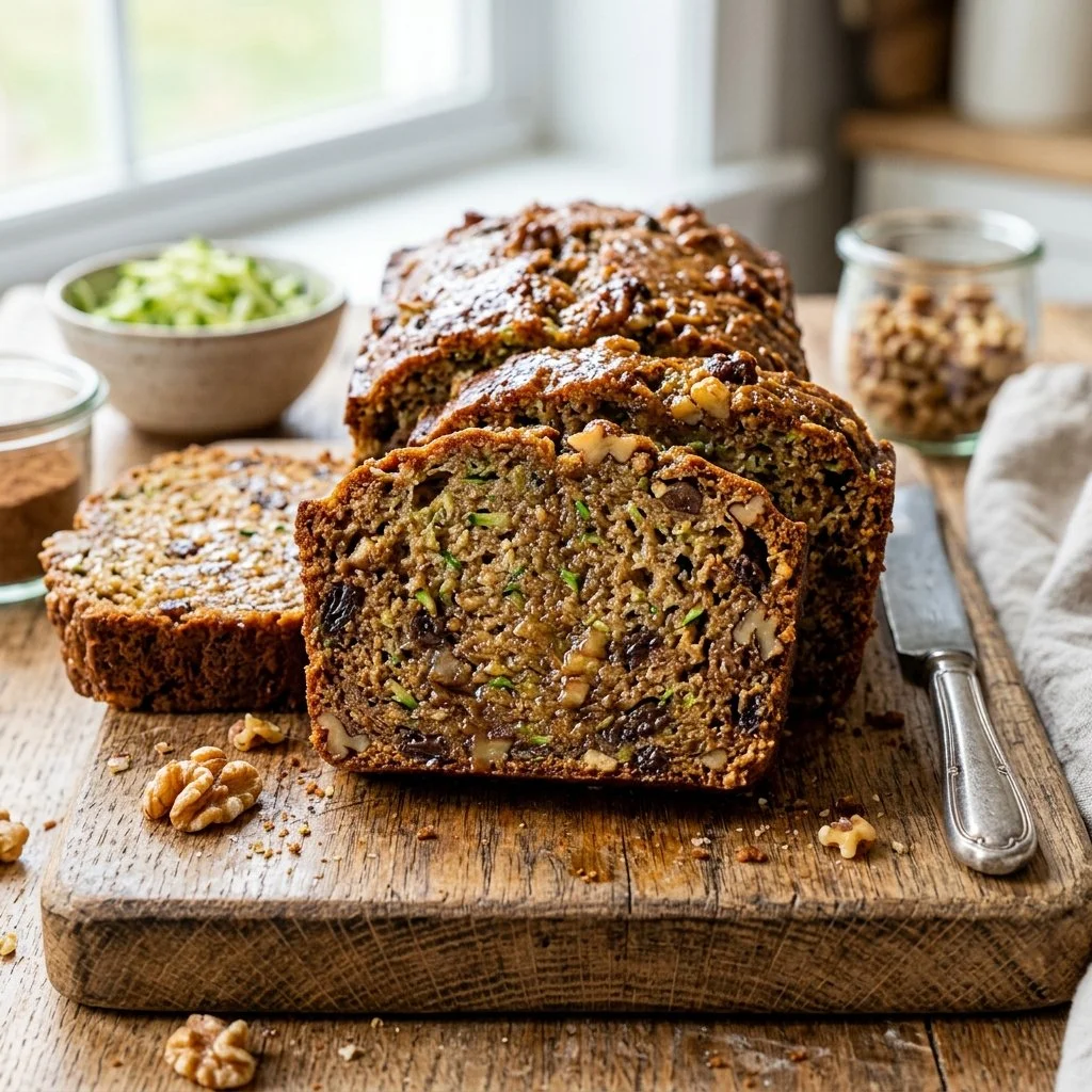 Moist homemade zucchini bread slices on a wooden board