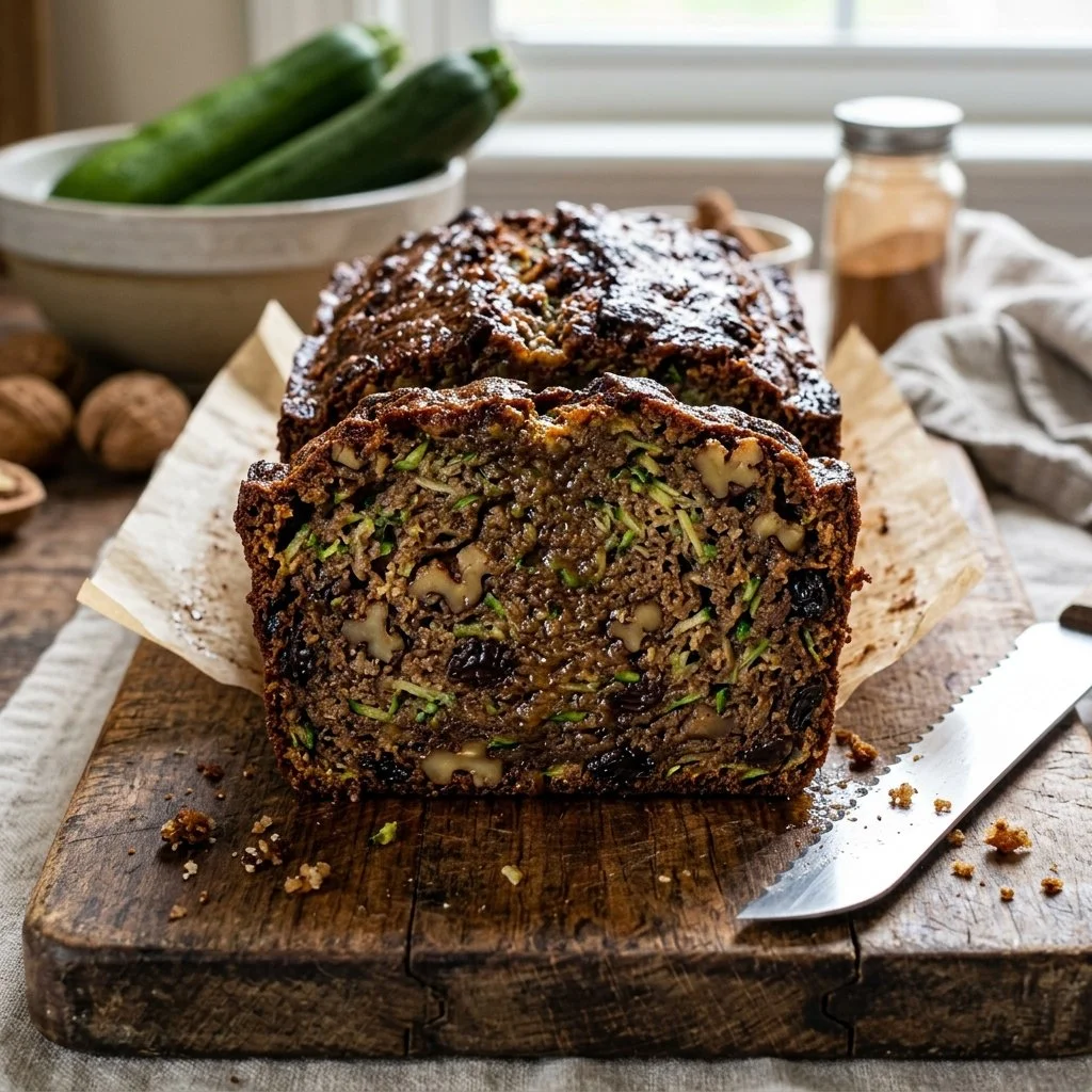 Loaf of freshly baked zucchini bread ready to be sliced and served