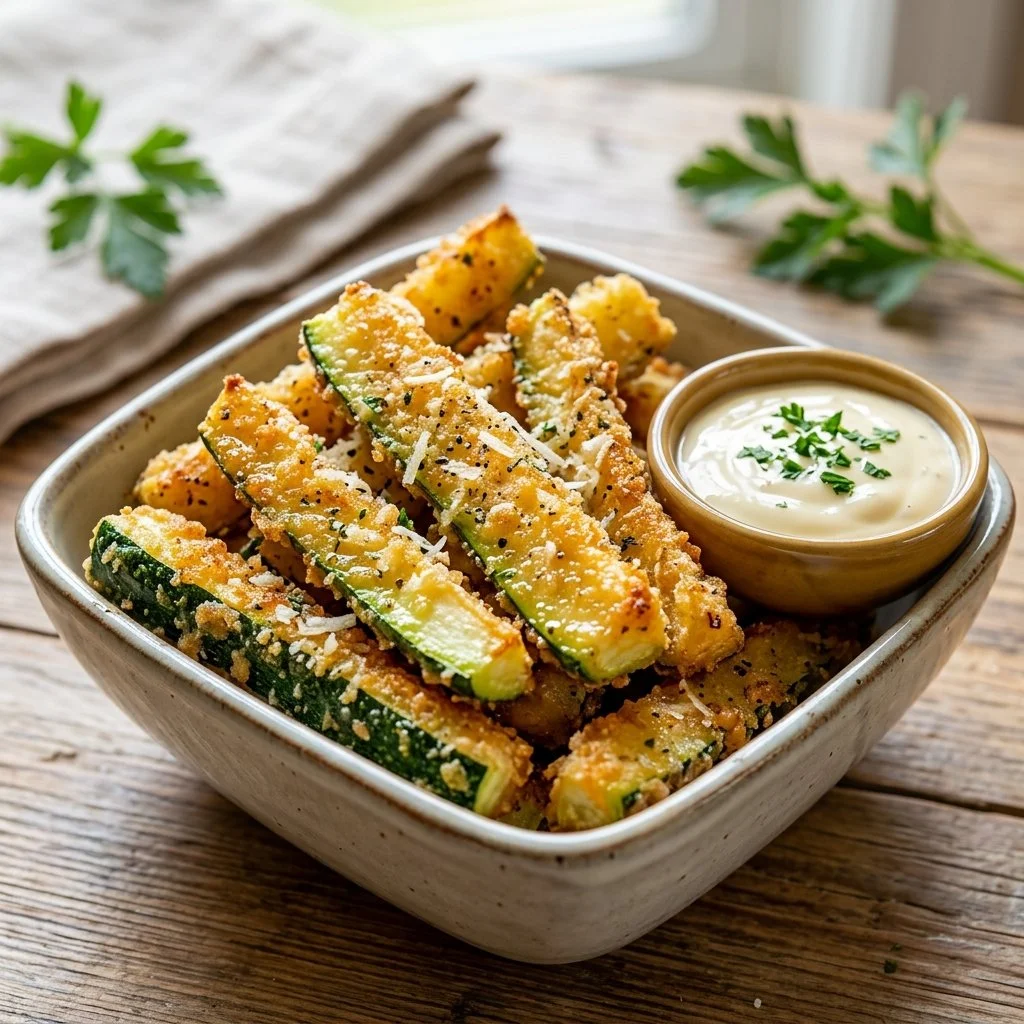 Crispy baked zucchini fries on a plate, a healthy snack option.