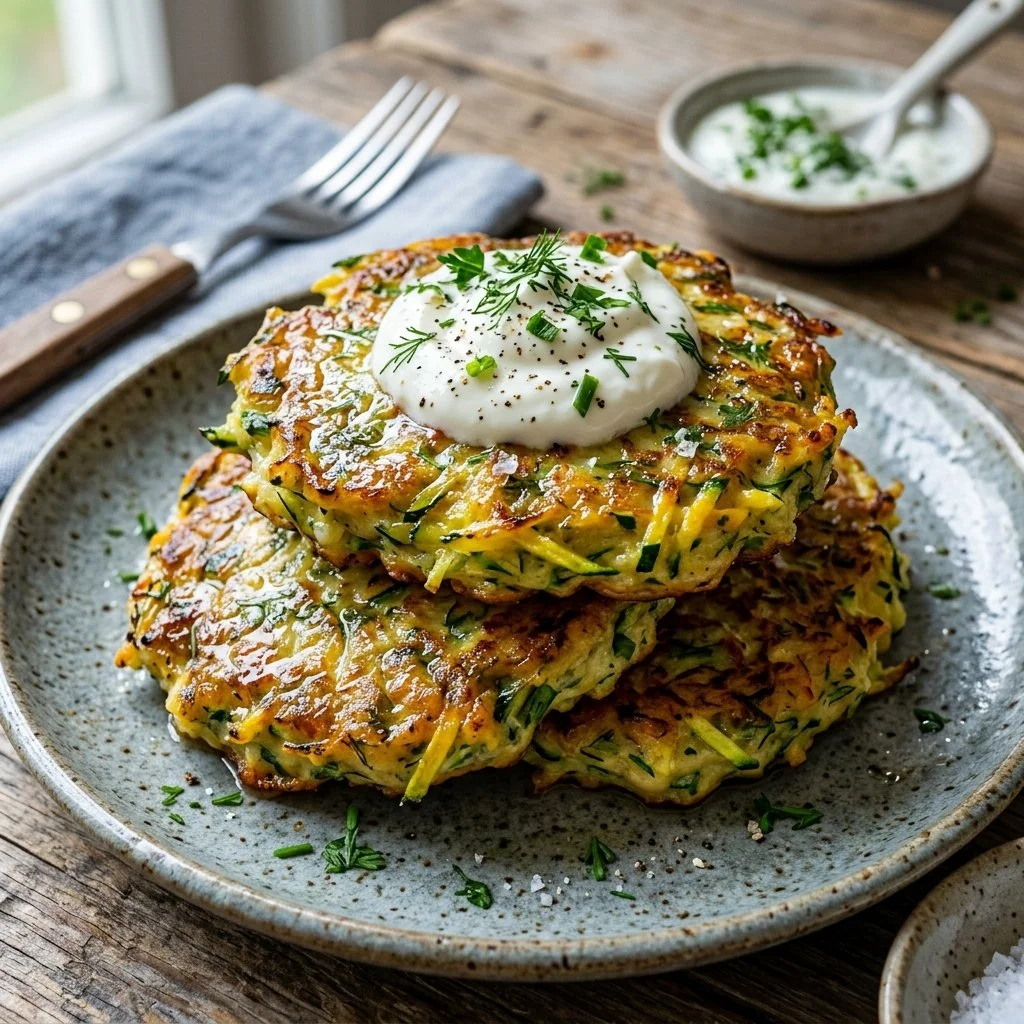 Crispy zucchini fritters served on a plate with dipping sauce