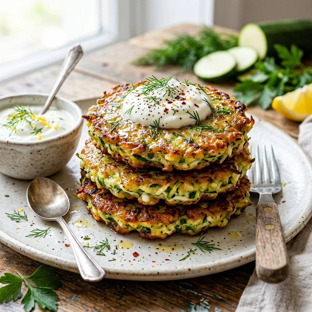 Crispy zucchini fritters served on a plate with dipping sauce