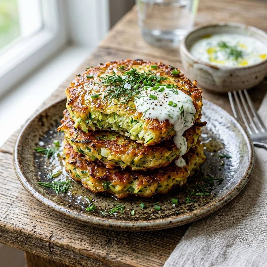 Crispy zucchini fritters served on a plate with dipping sauce