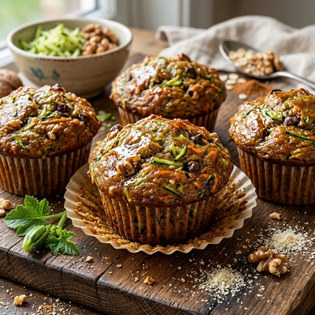 Freshly baked zucchini muffins with a golden-brown top on a wooden table.