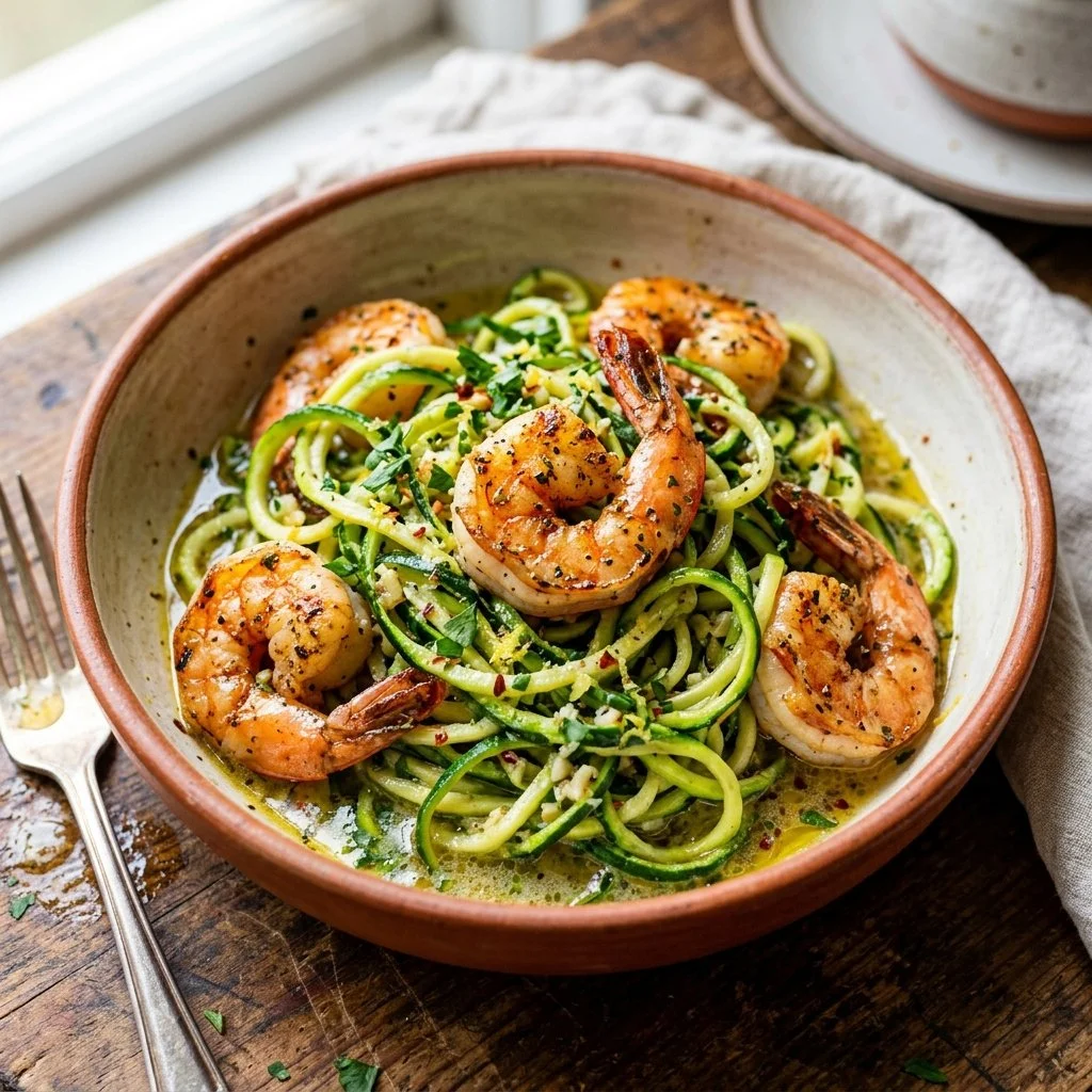 Zucchini Noodle Shrimp Scampi with garlic and herbs