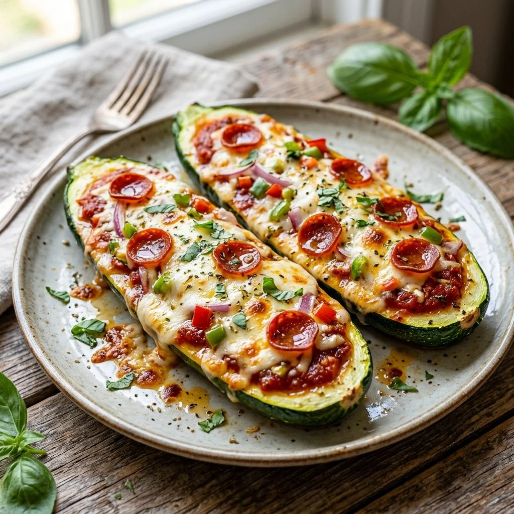 Zucchini pizza boats topped with cheese and veggies for a healthy meal.