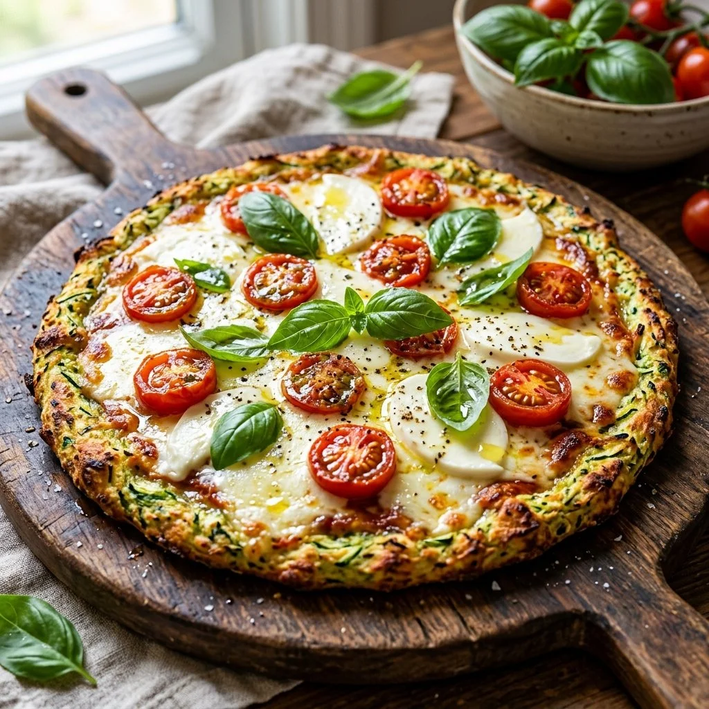 Delicious zucchini pizza crust topped with fresh ingredients.